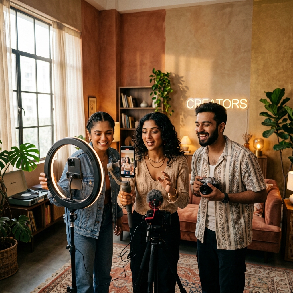 Indian content creators filming together in a creator studio