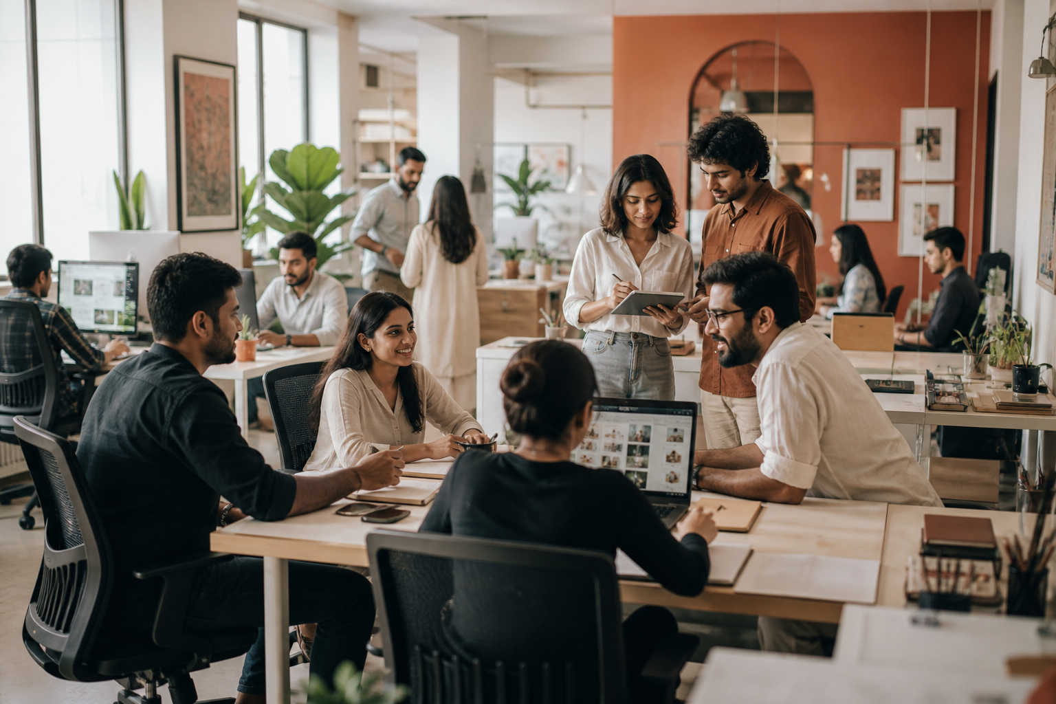 Dial N Search team collaborating in a creative agency workspace