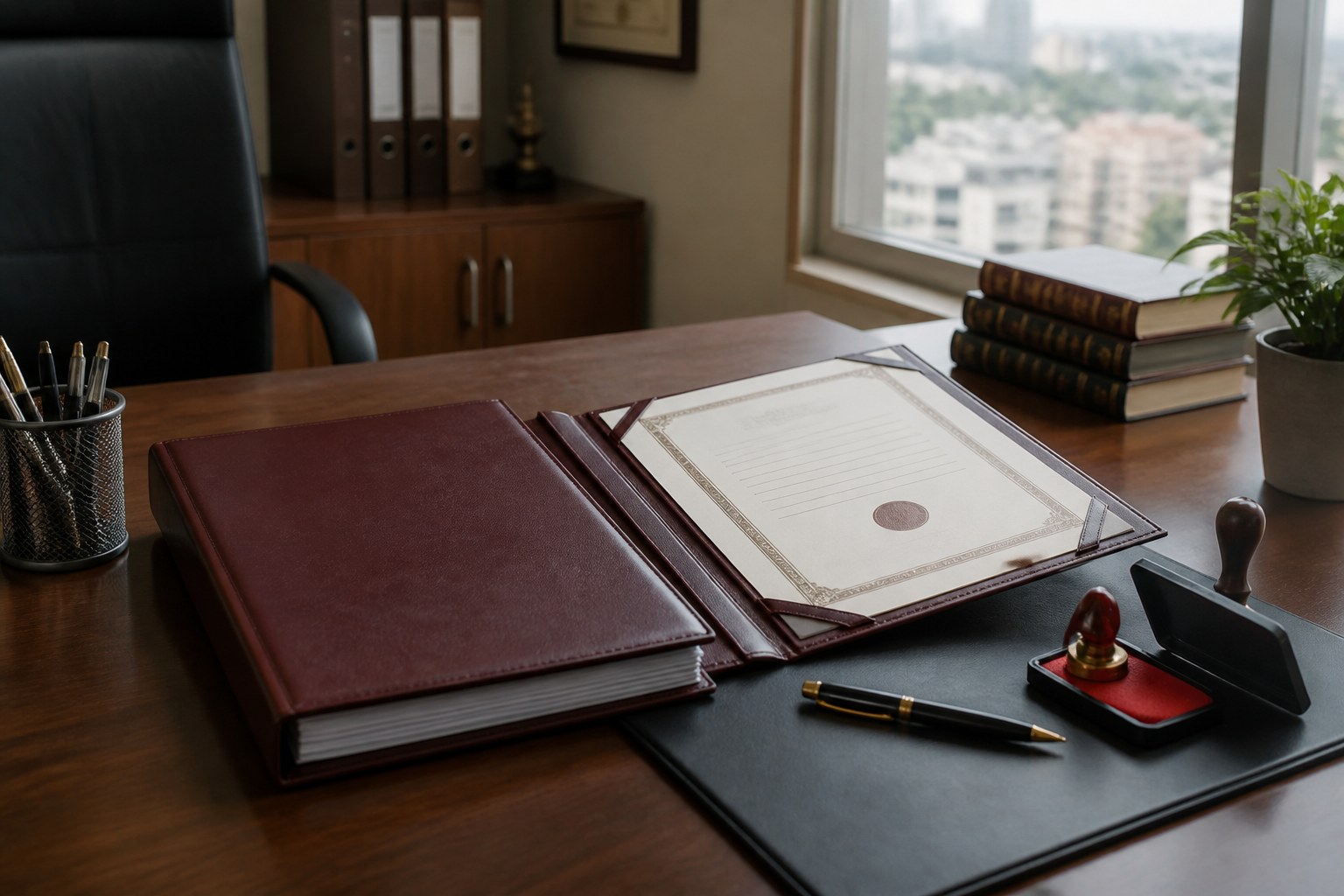 Company registration documents organised on a professional desk
