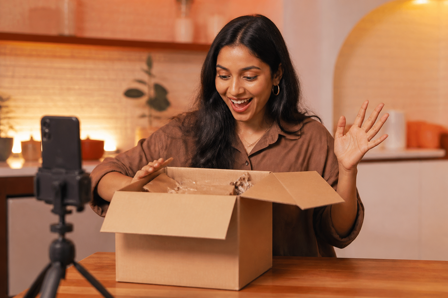 Creator filming an unboxing for a brand collaboration
